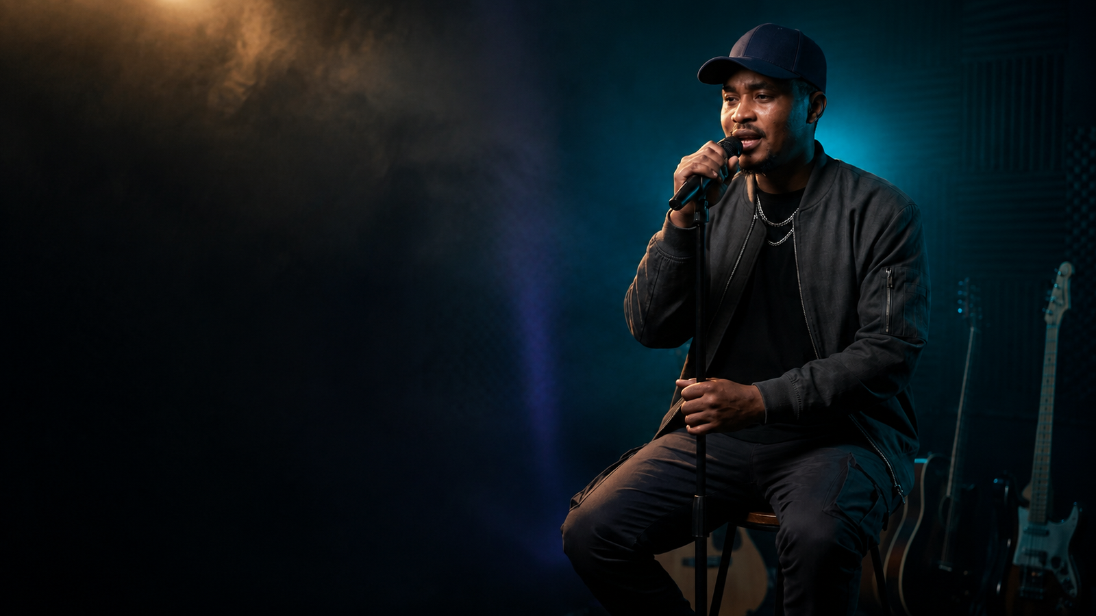 Kintunde performing into a microphone in a dark studio