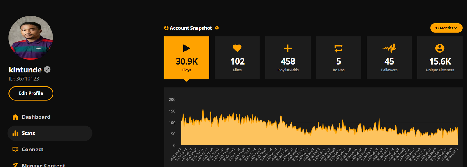 Audiomack 12-month artist dashboard screenshot for Kintunde showing 30.9K plays and 15.6K unique listeners