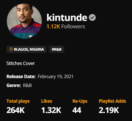 Audiomack analytics screenshot for Kintunde's Stitches Cover showing 264K plays